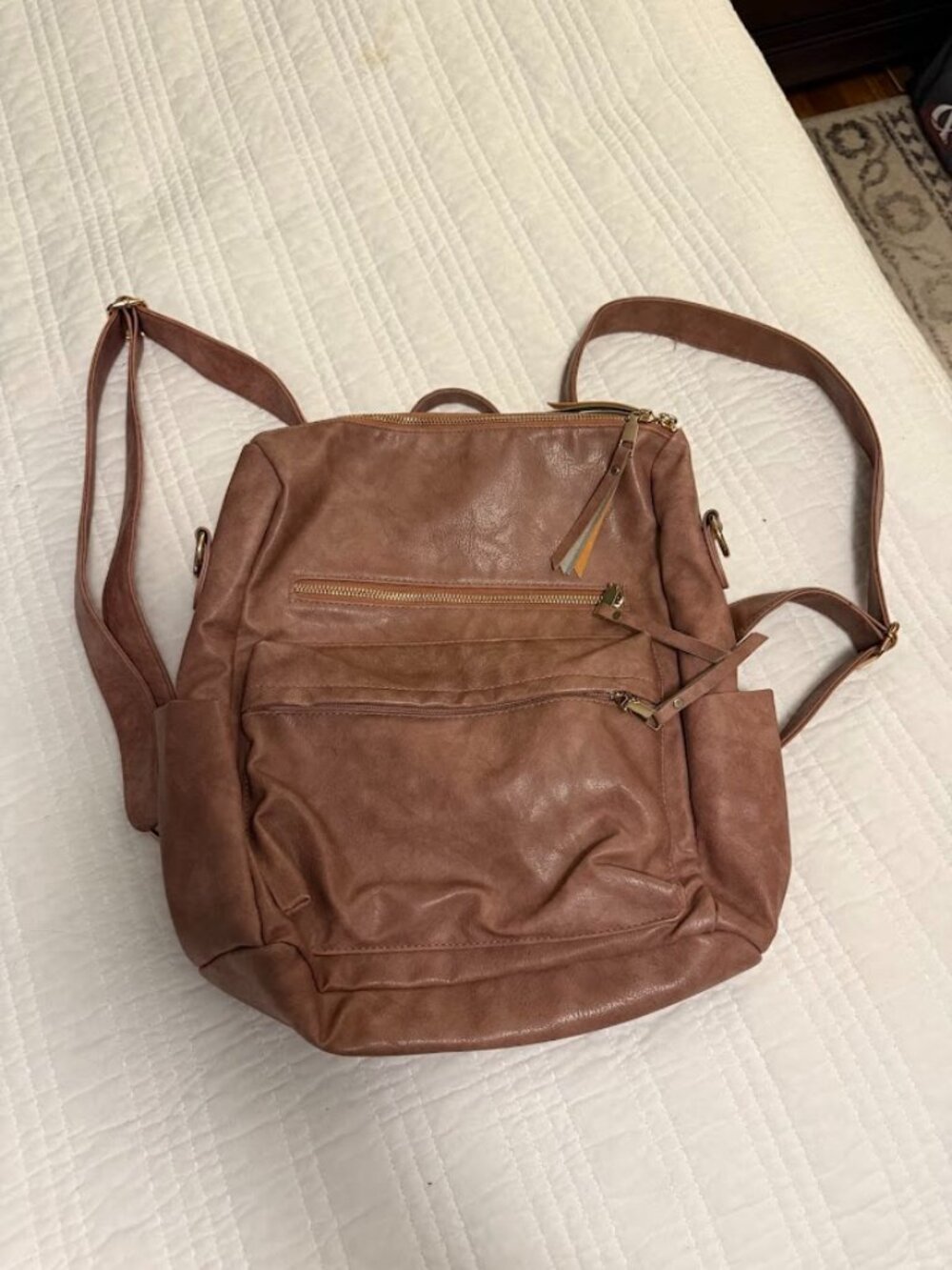 Brown Vegan Leather Convertible Backpack Interchangeable Straps Tons of Storage